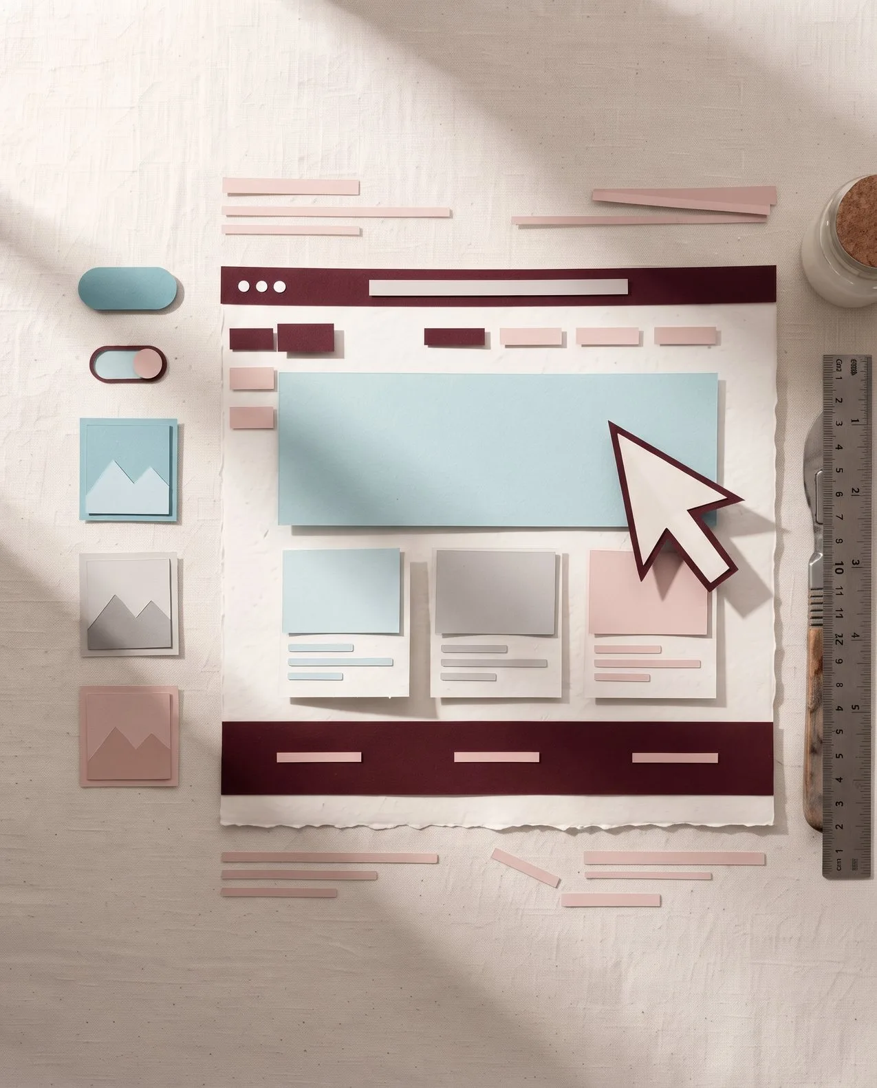 Maqueta de papel de un sitio web: header, hero, tarjetas y cursor recortados a mano